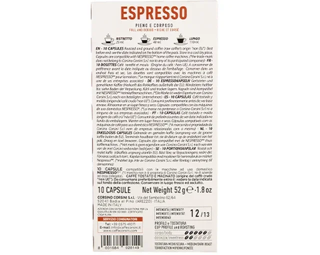 10 cápsulas compatíveis com Nespresso * Original Espresso - CORSINI