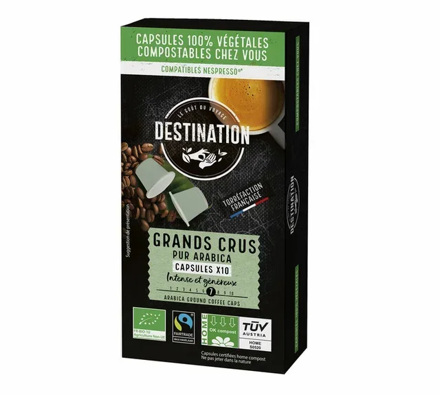 10 DESTINATION økologiske kapsler for Nespresso* Original, Fairtrade/Max Havelaar-sertifiserte Grands Crus.