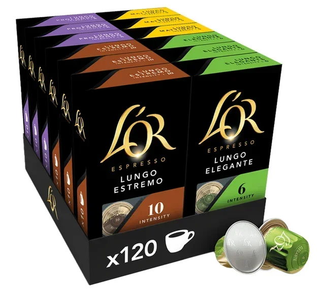 120 capsules compatible with Nespresso* Original - Assortment of Lungos 4 varieties - L'OR ESPRESSO