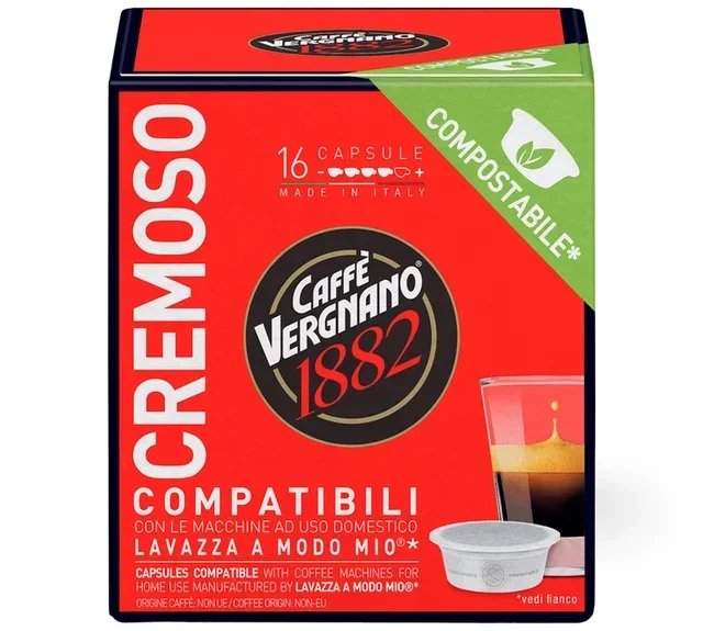16 Compostable Capsules CAFFE VERGNANO Cremoso – Compatible with A Modo Mio Lavazza