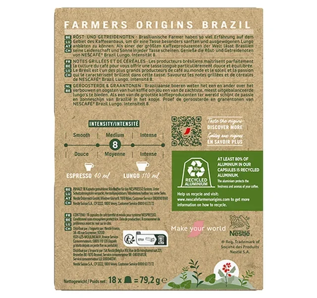 18 cápsulas Nespresso* Original compatíveis - Brasil - NESCAFE FARMERS ORIGINS