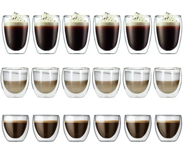 18 doppelwandige Gläser Pavina in den Größen 8 cl, 25 cl und 35 cl – Bodum