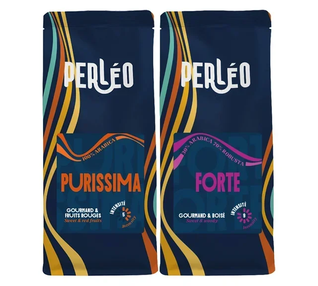 2 x 1 kg – Szemes kávé – Legkeresettebb sötét pörkölésű keverékeink: Forte &amp; Purissima – PERLÉO