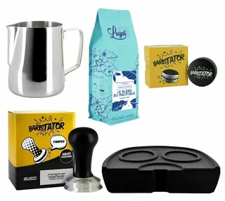 Kit BARISTATOR profissional para baristas: tamper de precisão, distribuidor, jarro 600ml inox, tapete + 250g café em grão