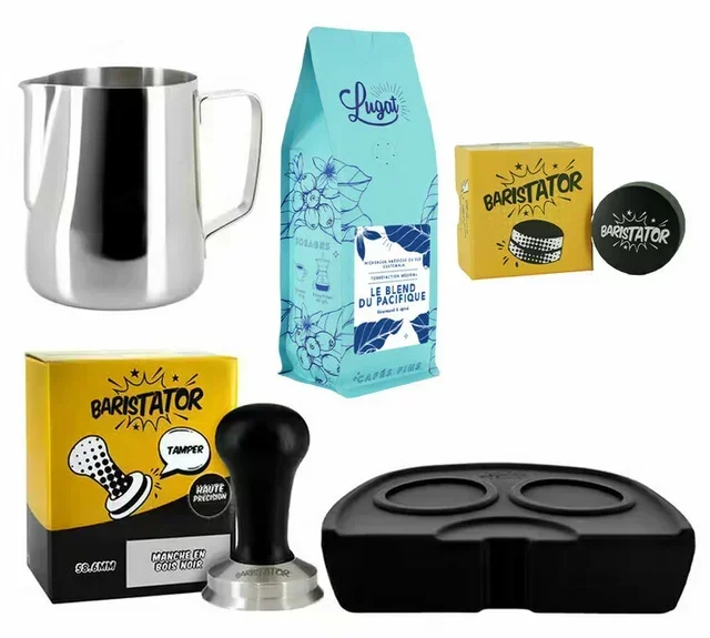 Kit BARISTATOR profissional para baristas: tamper de precisão, distribuidor, jarro 600ml inox, tapete + 250g café em grão