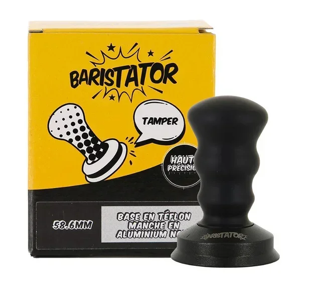Baristator Coffee Tamper 58.6 mm — Antistatic Base with Black Aluminum Handle
