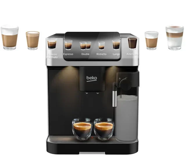 BEKO Latte CEG7304X - Еспресо машина с вградена мелница, черно и сиво.