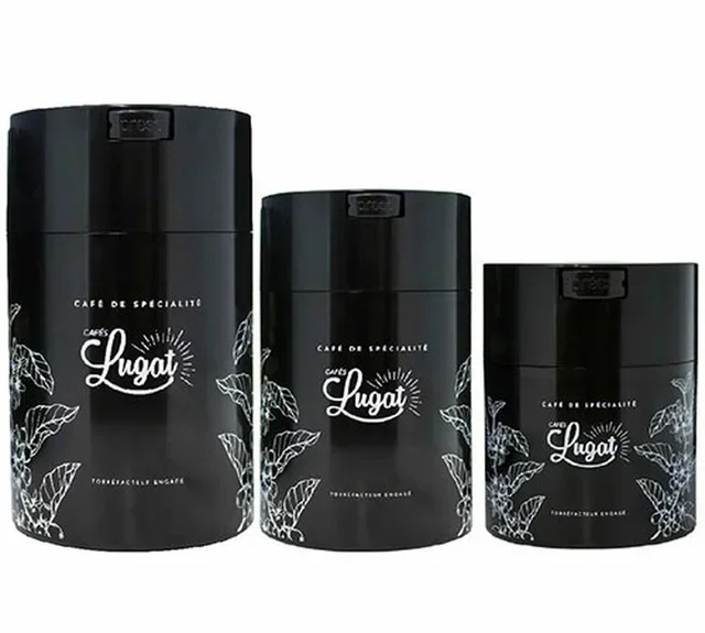 Recipiente preto hermético para baristas com vácuo 1kg - Cafés Lugat