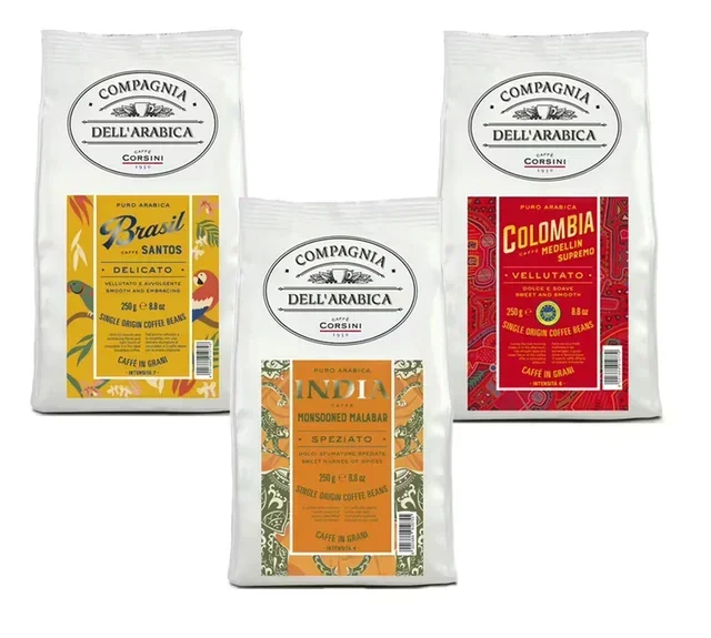 CORSINI Whole Bean Coffee Trio - Colombia India Brazil Blend - 3 x 250 g