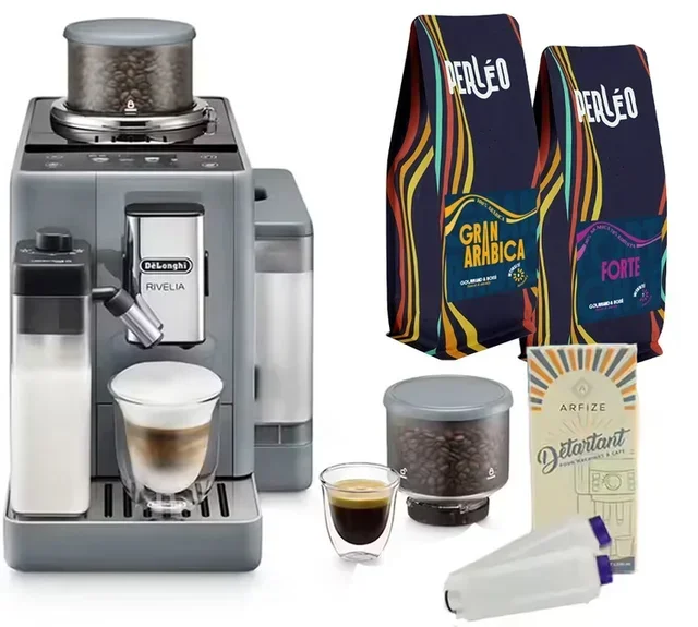 Macinacaffè Espresso DELONGHI Rivelia FEB 4455.G Grigio Ciottolo Latte - Pacchetto 4 Mesi Caffè e Manutenzione