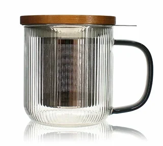 Τσαγιέρι γυάλινο OGO Living 300 ml, απόχρωση γκρι καπνού, με καπάκι ακακίας.