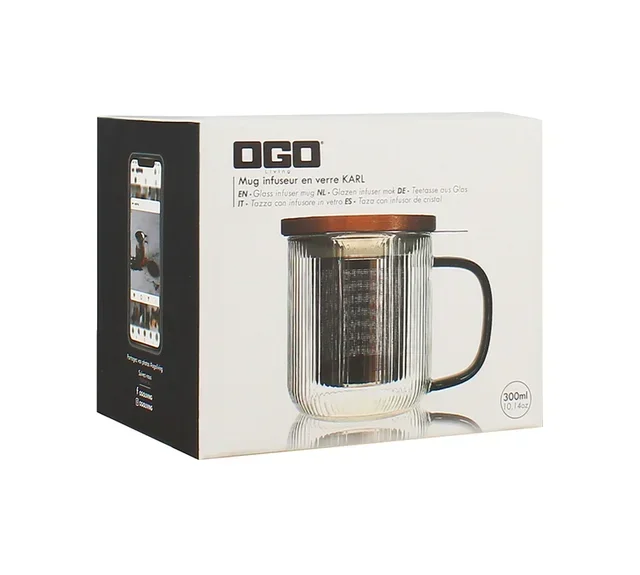 Τσαγιέρι γυάλινο OGO Living 300 ml, απόχρωση γκρι καπνού, με καπάκι ακακίας.