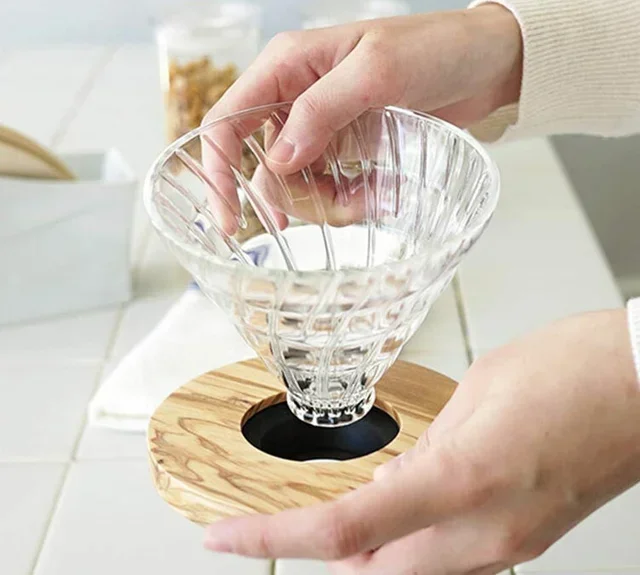 HARIO V60 drip assist bundle with V60 glass dripper and olive wood