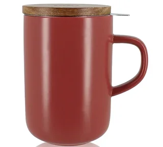 Taza para Infusiones Juliet en Gres 47,5 cl Rojo Burdeos con Tapa de Acacia - OGO Living