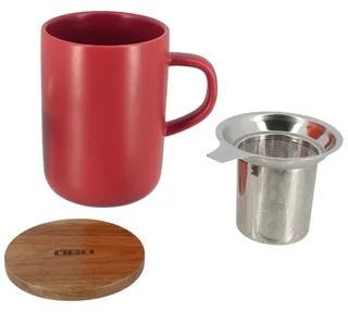 Taza para Infusiones Juliet en Gres 47,5 cl Rojo Burdeos con Tapa de Acacia - OGO Living