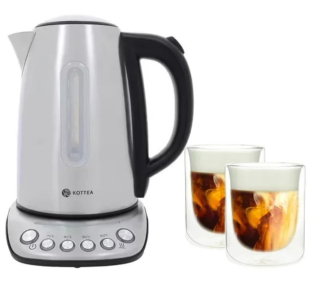Czajnik Kottea KT102 z regulacją temperatury, stal nierdzewna 1,7L + 2 szklanki Pylano 25cl
