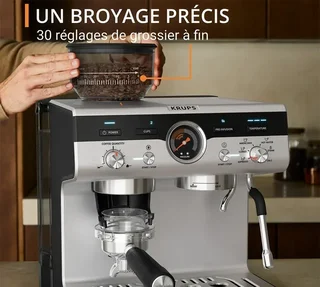 KRUPS Precision+ rozsdamentes eszpresszógép beépített őrlővel és barista készlettel