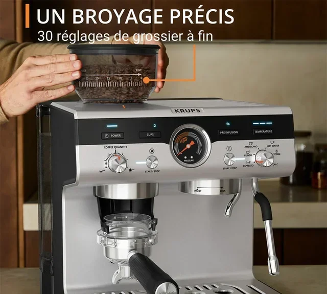 KRUPS Precision+ rozsdamentes eszpresszógép beépített őrlővel és barista készlettel