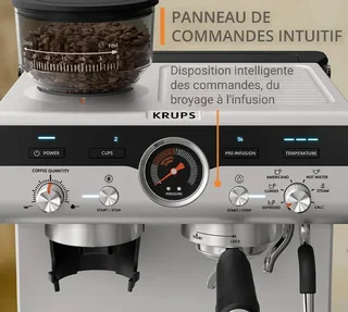 KRUPS Precision+ rozsdamentes eszpresszógép beépített őrlővel és barista készlettel