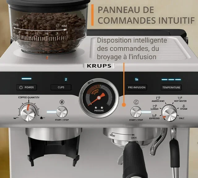 KRUPS Precision+ rozsdamentes eszpresszógép beépített őrlővel és barista készlettel