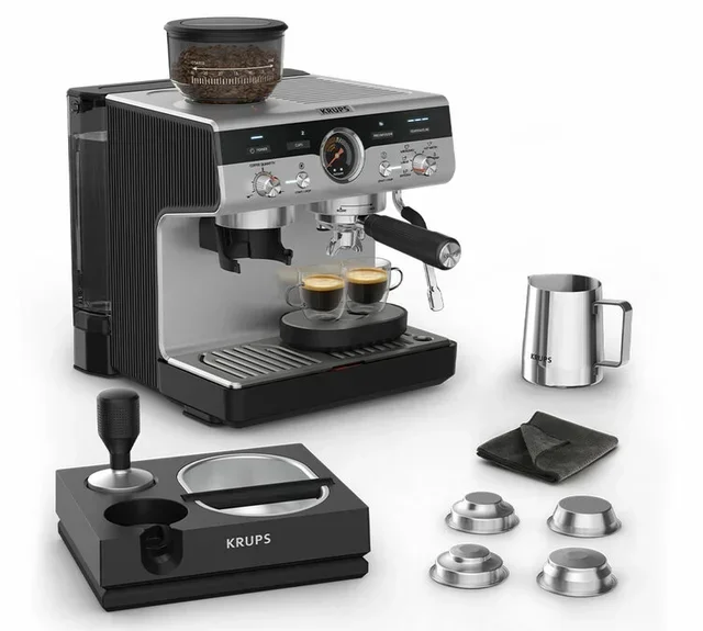 KRUPS Precision+ rozsdamentes eszpresszógép beépített őrlővel és barista készlettel