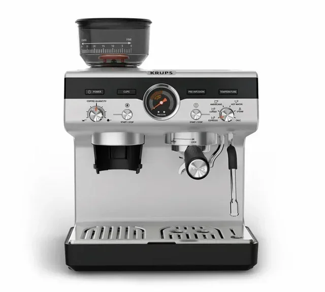 KRUPS Precision+ rozsdamentes eszpresszógép beépített őrlővel és barista készlettel