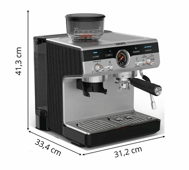 KRUPS Precision+ rozsdamentes eszpresszógép beépített őrlővel és barista készlettel