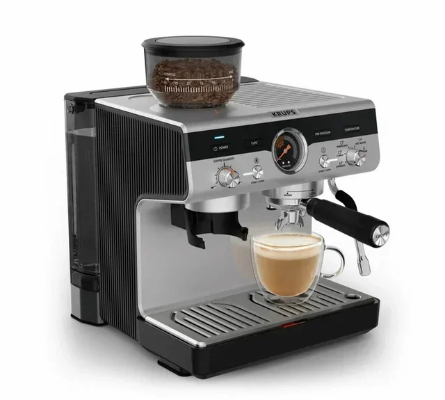 KRUPS Precision+ rozsdamentes eszpresszógép beépített őrlővel és barista készlettel