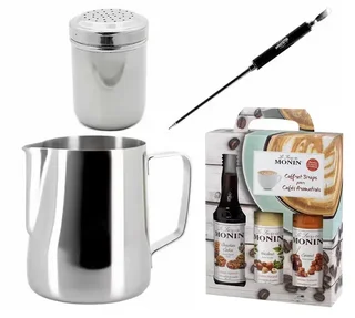 Latte Art Barista Set: Steel Pitcher, Styling Pen, Cocoa Shaker &amp; Monin Syrups