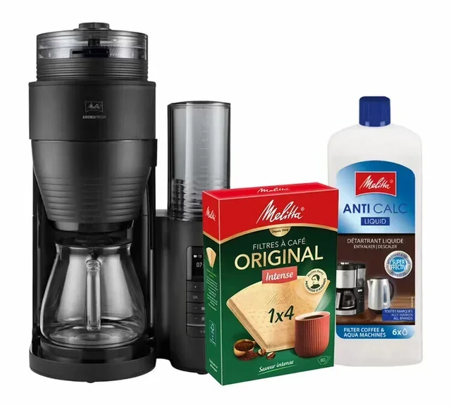 Melitta AromaFresh 1030-11 Glass Pro : cafetière filtre avec broyeur + 80 filtres 1x4 + détartrant 250 ml