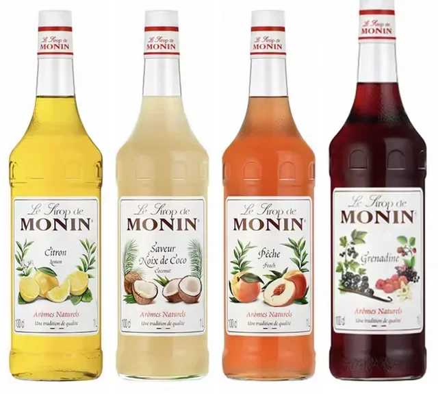 Monin сируп колекција: бресква, кокос, нара, лимун, 4 боце од 1 литра.