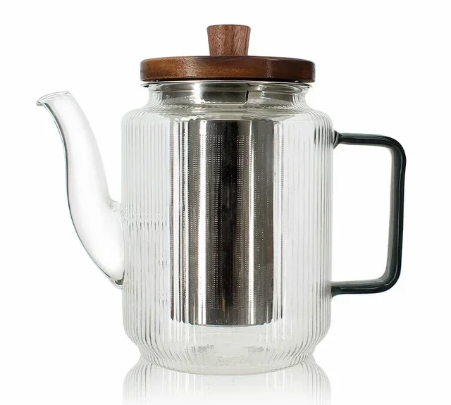 Tetera OGO Living 550ml Vidrio Gris Ahumado Tapa Madera Acacia