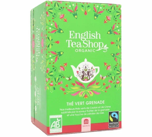 Økologisk grønn te med granateple og roseblader – 20 teposer – FAIRTRADE – ENGLISH TEA SHOP