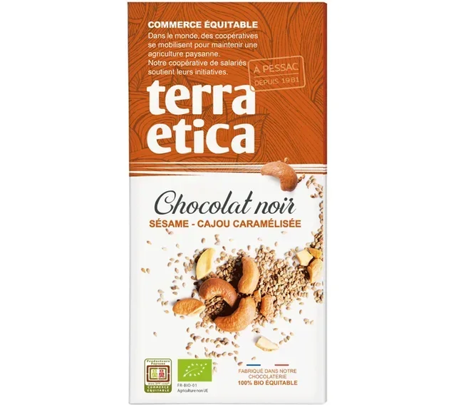 Organic Dark Chocolate Bar with Caramelized Sesame Cashews - 100g - TERRA ETICA
