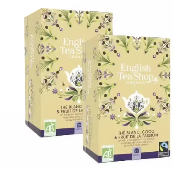 Organic Fair Trade White Tea Coconut &amp; Passion Fruit Pack – 2 x 20 sachets – FAIRTRADE – ENGLISH TEA SHOP