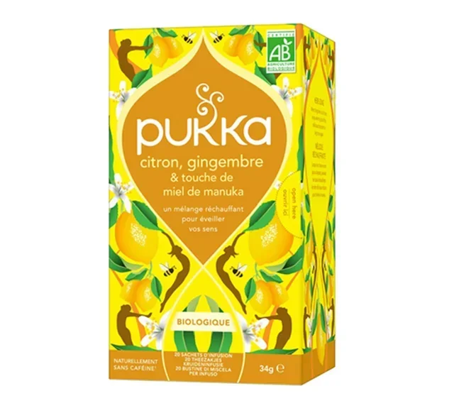 Infusão de limão, gengibre e mel de Manuka orgânico – 20 saquetas – PUKKA.