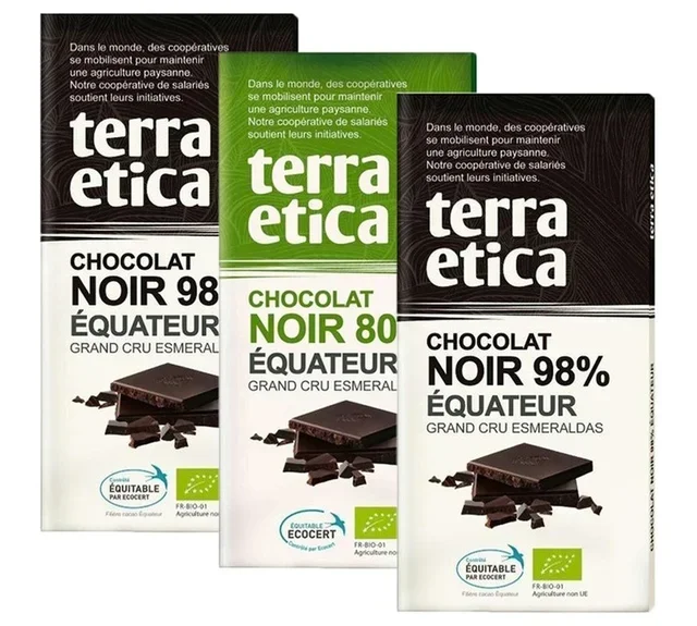 Pack 3 Organic Dark Chocolate Bars 98% &amp; 80% - 3 x 100 g - TERRA ETICA