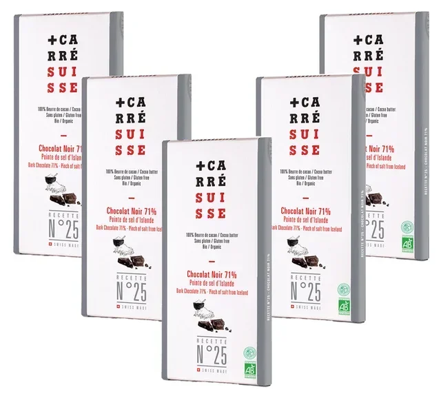 5er-Set Dunkle Schokolade 71% mit Guérande-Salz Bio - 5 x 100 g - CARRÉ SUISSE