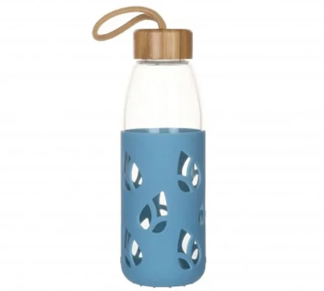 PEBBLY 55cl Drinkfles Blauw Glas met Siliconen Beschermhoes