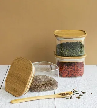 PEBBLY Glass Storage Jar Set with Bamboo Lids — 4 Pieces