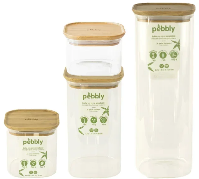 Ensemble de boîtes de conservation PEBBLY en verre borosilicate avec couvercles en bambou