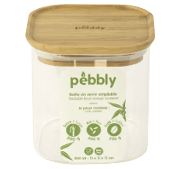 Pebbly négyzet alakú tároló 800ml – üveg és bambusz, légmentes