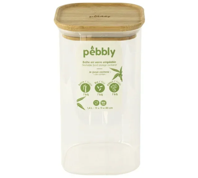 PEBBLY – Négyzet alakú tárolóedény 1,4L üveg és bambusz anyagból