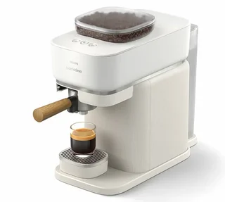 PHILIPS Baristina BAR302/20 espressomaskin med integrert kvern, premiummodell hvit, filterholder i tre.