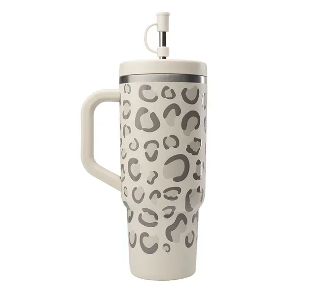 Vaso Térmico QWETCH 90cl - Diseño Leopardo Arena con Pajita Integrada