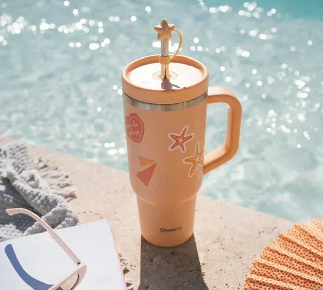 QWETCH Isoleerbeker 90cl Abrikoos - Geïntegreerd RVS Rietje