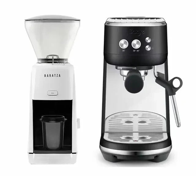SAGE The Bambino black truffle espresso machine + Baratza Encore ESP white grinder bundle