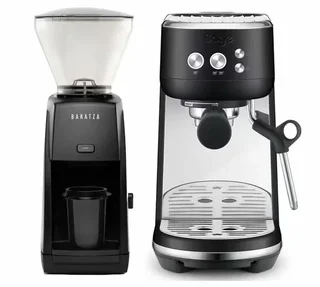 SAGE The Bambino Black Truffle eszpresszógép + Baratza Encore ESP fekete kávédaráló
