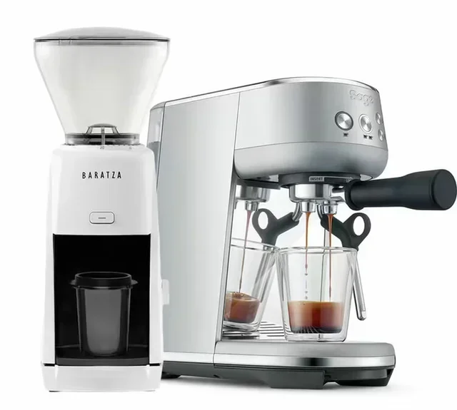 SAGE The Bambino Stainless Steel + BARATZA Encore ESP White Grinder Bundle