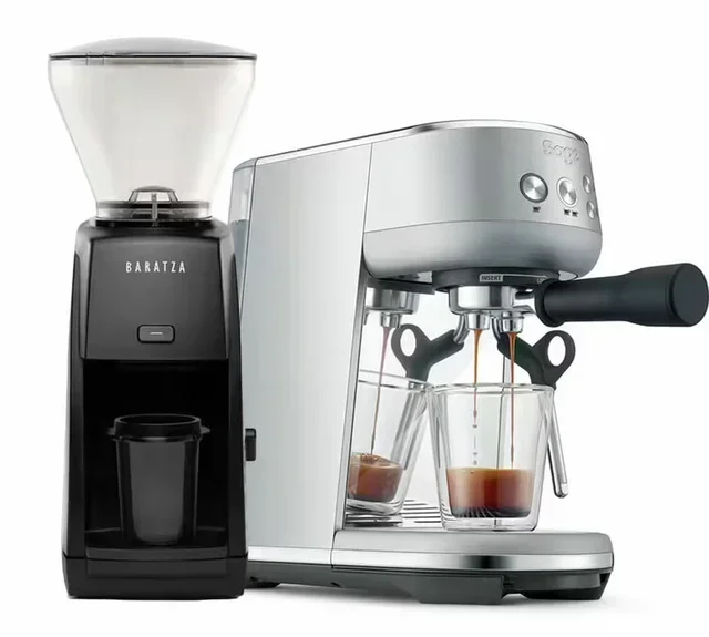 SAGE The Bambino stainless steel espresso machine + BARATZA Encore ESP black grinder